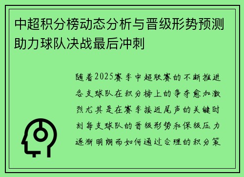 中超积分榜动态分析与晋级形势预测助力球队决战最后冲刺